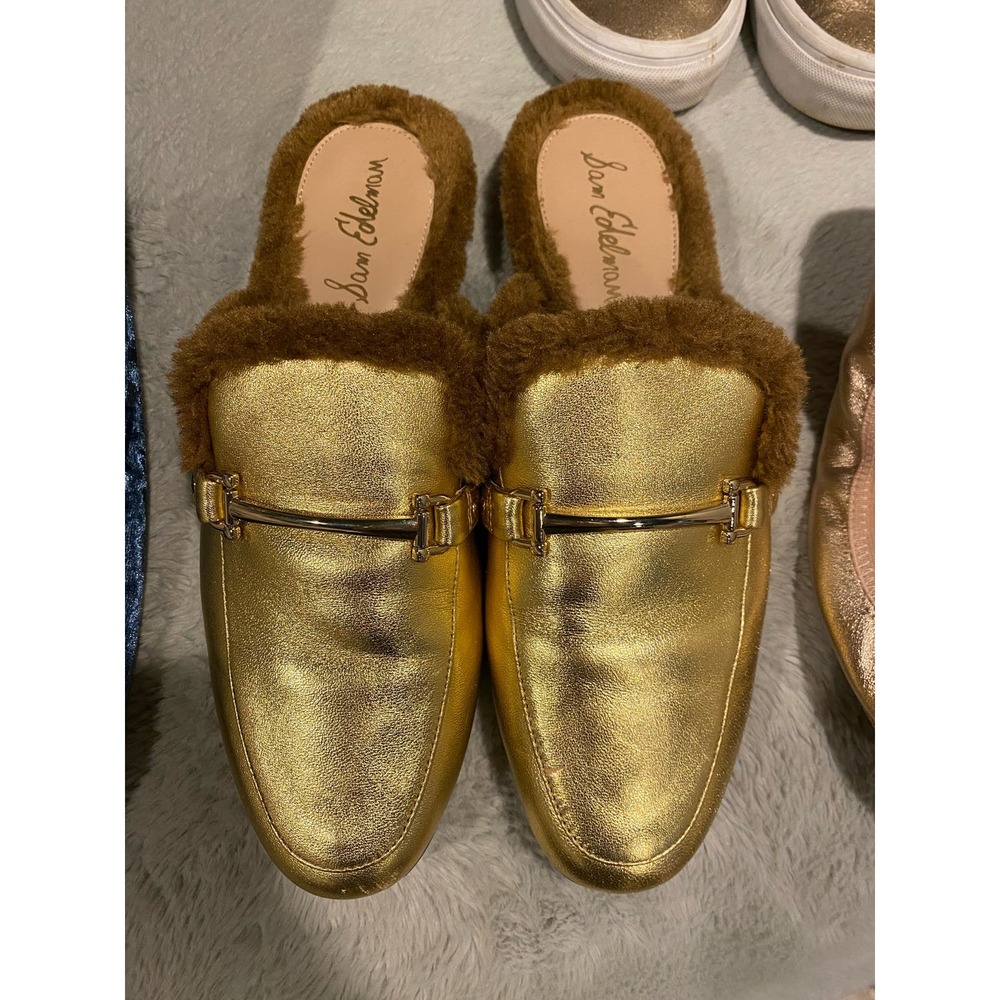 Sam Edelman Metallic Gold Loafers with Plush Brown Accent